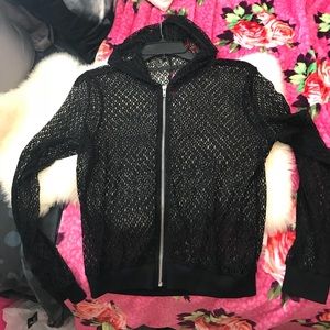 Sexy mesh zip up jacket with hood lace one size